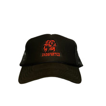 Load image into Gallery viewer, Black Trucker Hat with Red Lion and Undefeated
